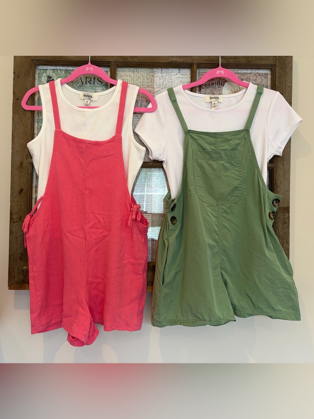 Set of Two Speechless Girls Short Overalls Rompers in Coral & Olive